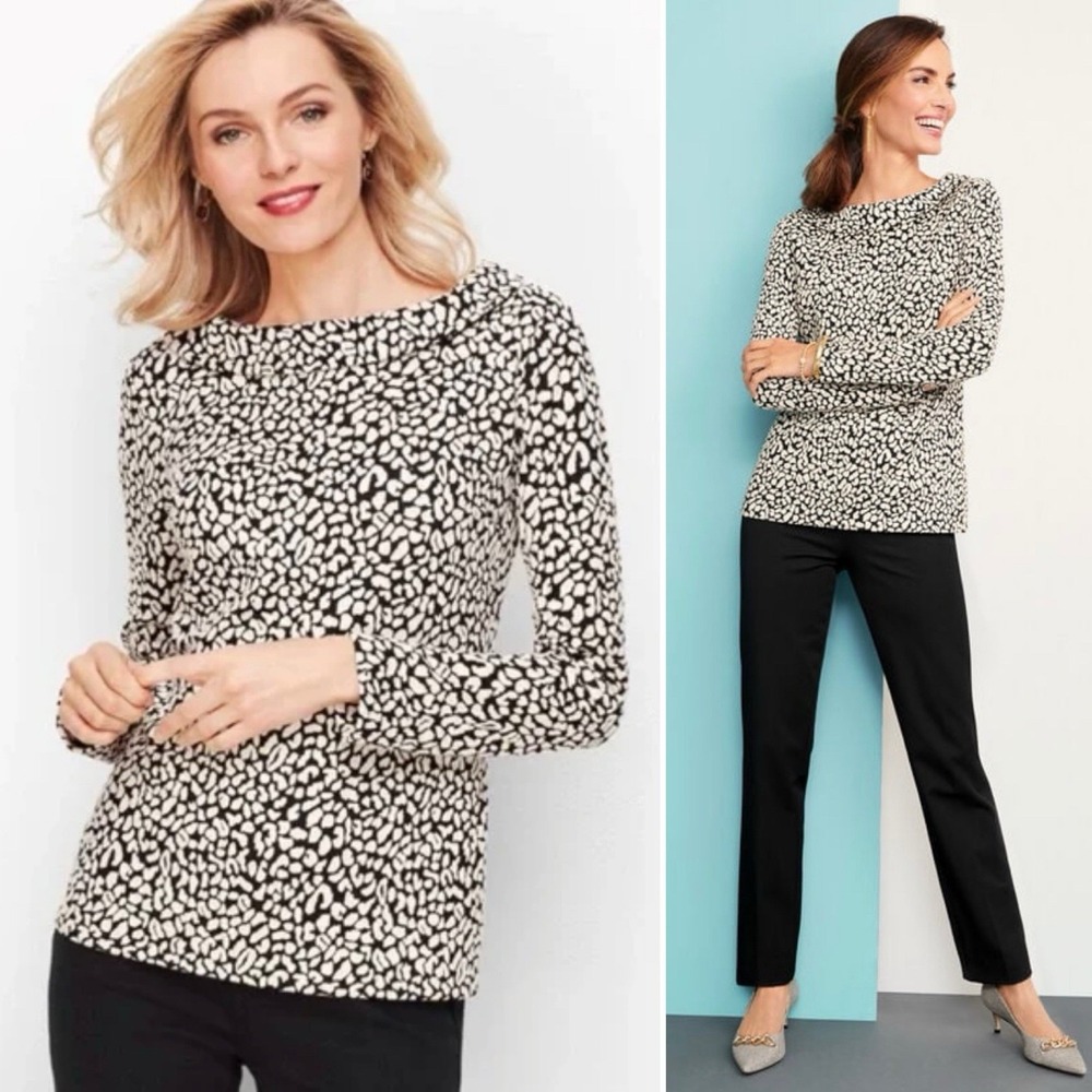 Talbots Women's XL Black White Multi Sabrina Jacquard Animal Cotton Knit Top NWT